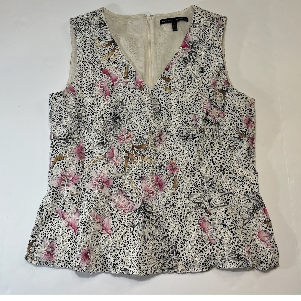 White House Black Market Peplum Top Womens 14 Floral Eyelet Lace V-Neck Coquette